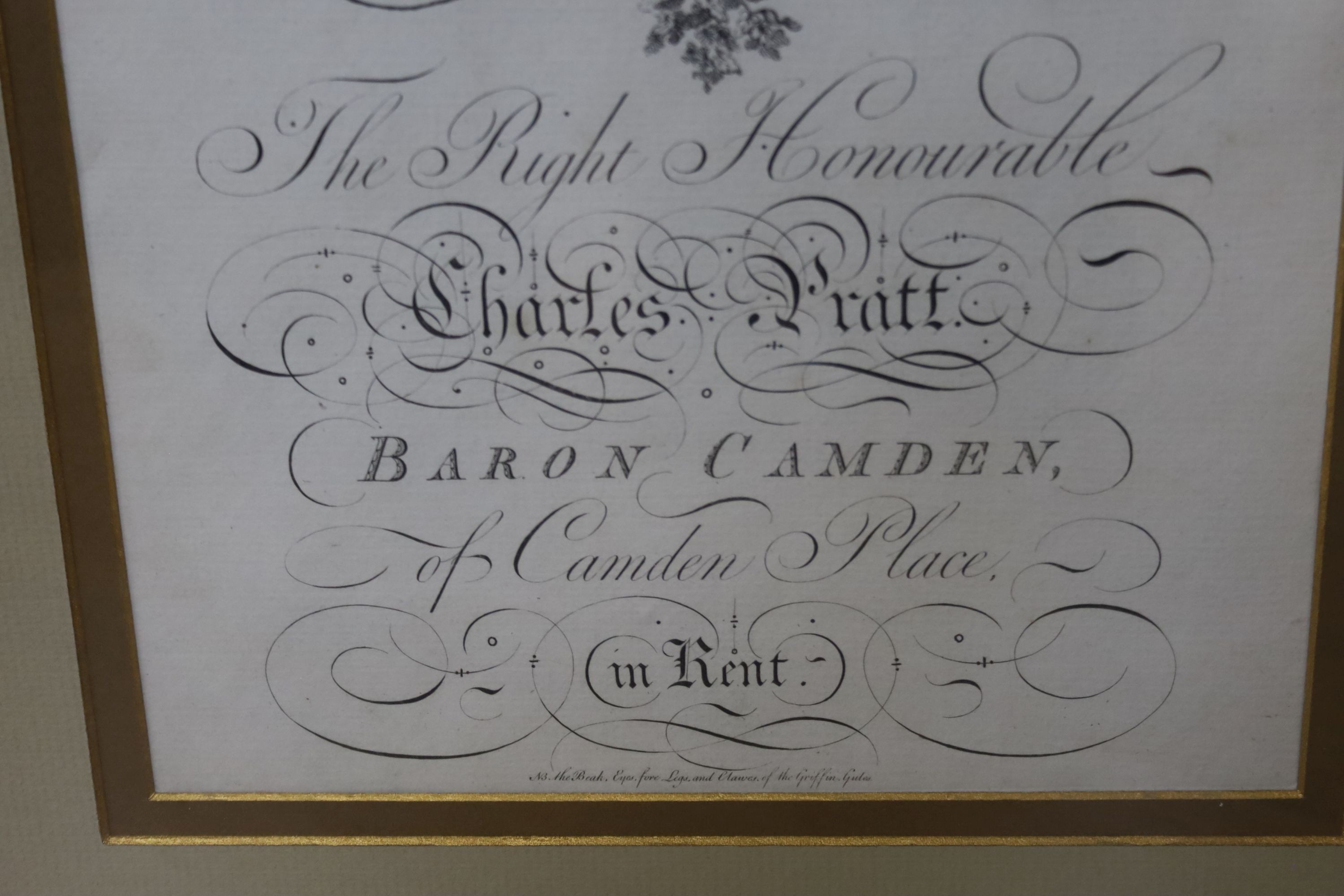 An 18th century engraving, Armorial of Charles Pratt, Baron of Camden of Hampden Place, Kent, 42 x 23cm